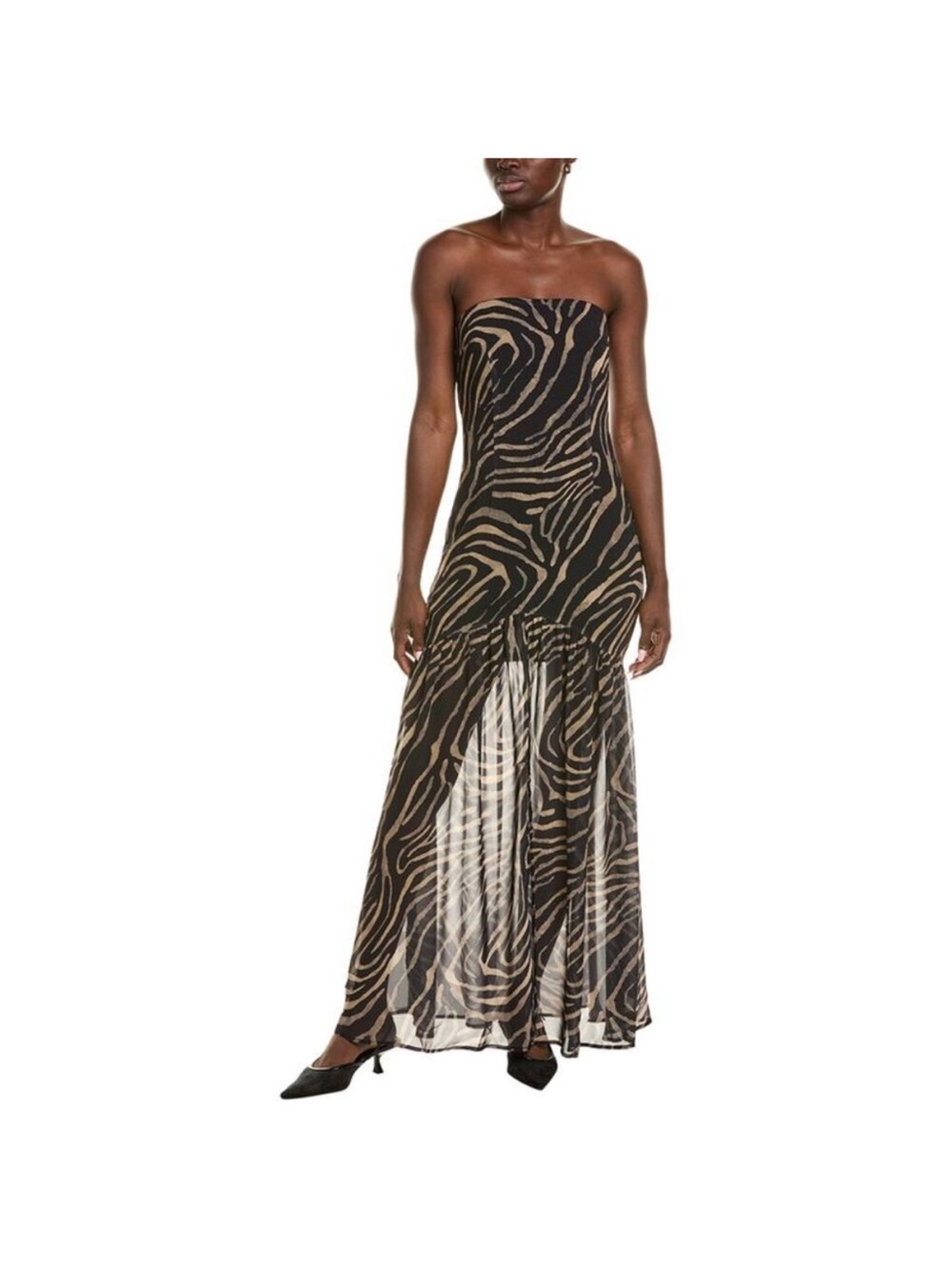 Strapless Zebra-Print Midi Dress in Black and Tan